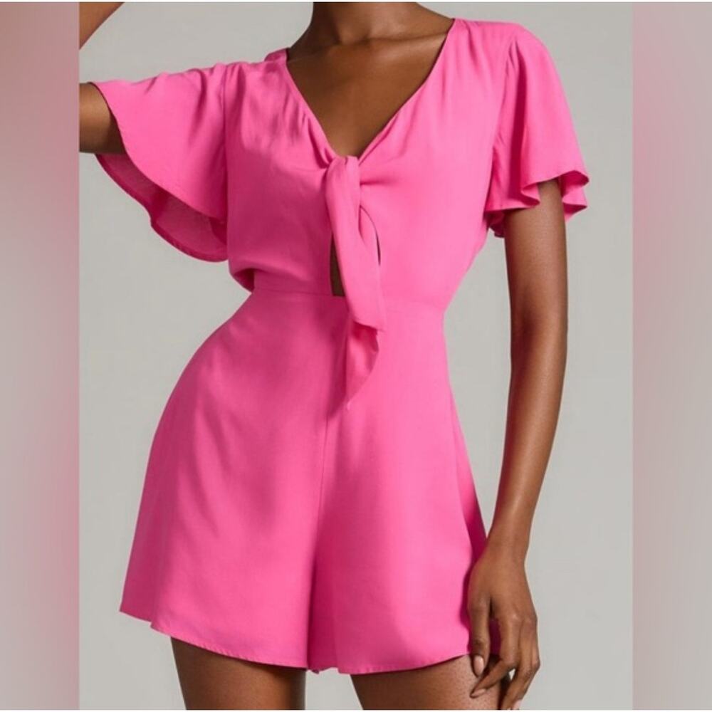 Anthropologie If By Sea Tie-Front Cutout Romper M Hot Pink Summer Beachy Resort